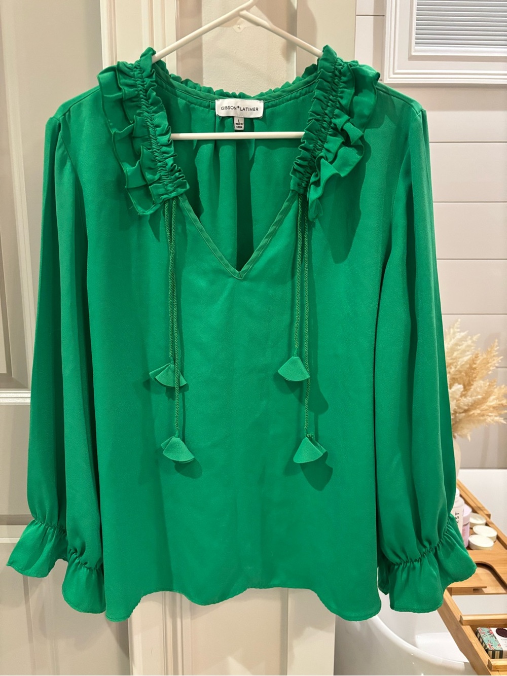 Gibson Latimer Emerald Green Ruffle-Tie Long Sleeve Blouse